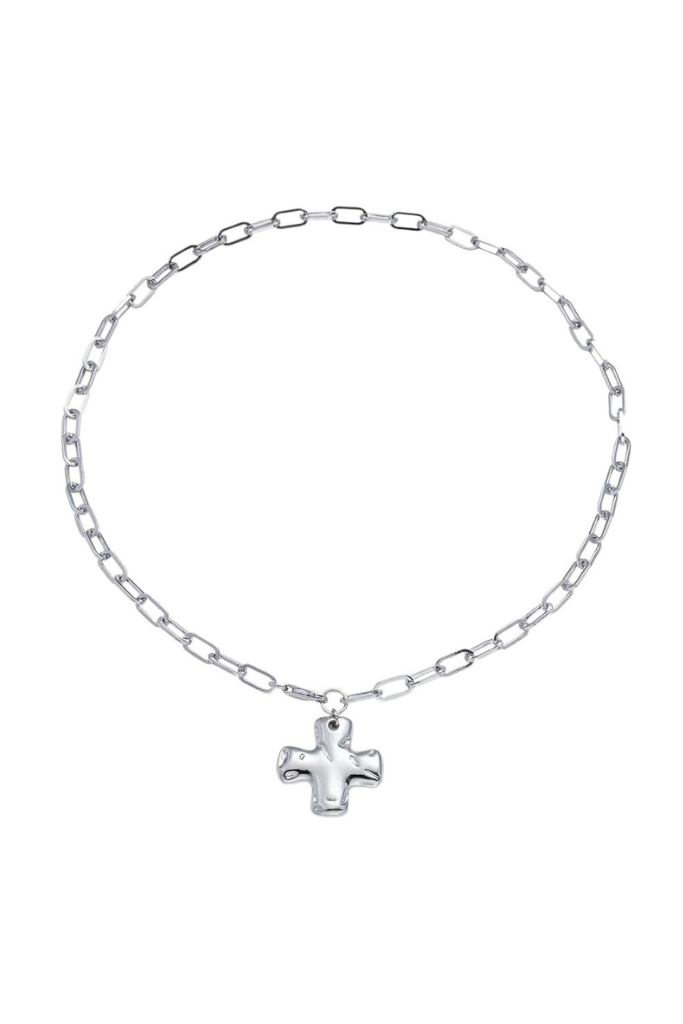 Mini Hammered Cross Necklace - Silver