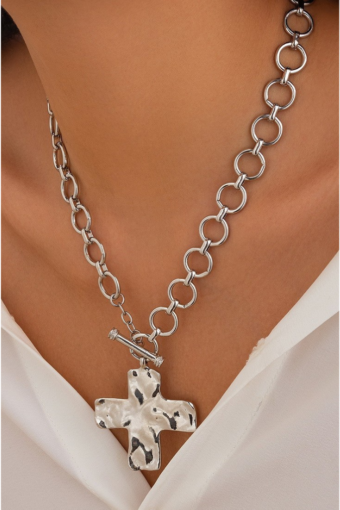 Hammered Cross Toggle Necklace - Silver