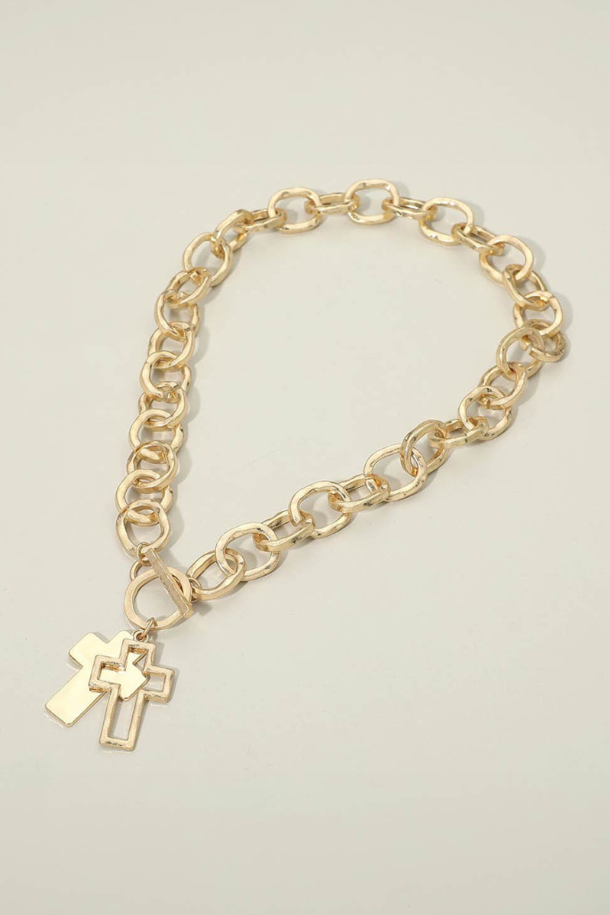 Layered Cross Toggle Necklace - Gold