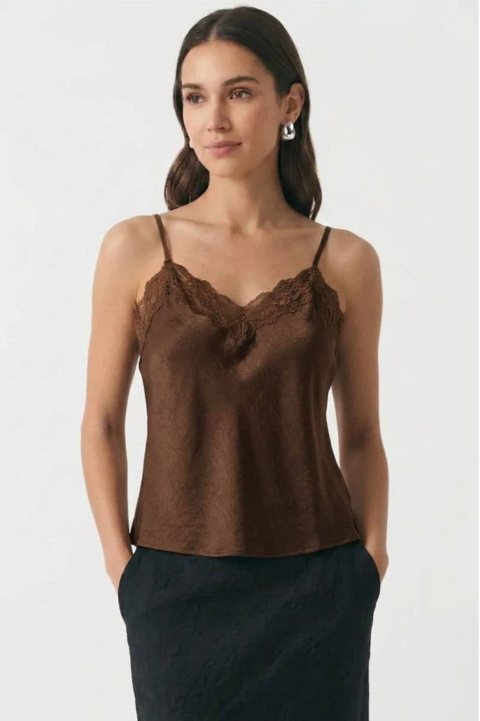 Picture This  Satin V-neck Lace Trim Cami