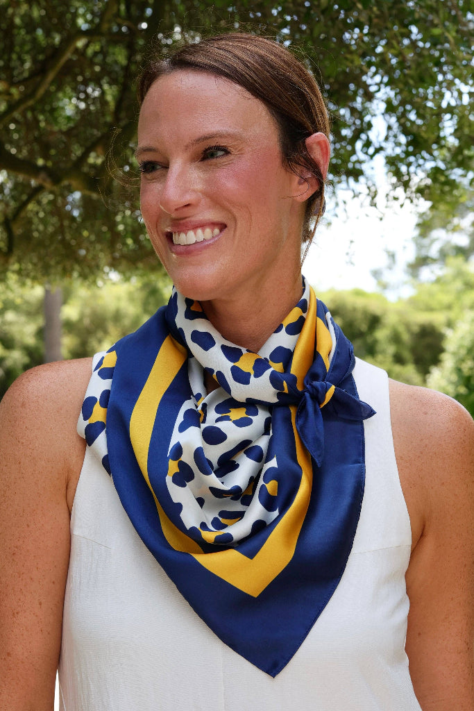 Meredith Large Cheetah Spotted Scarf - Navy/Gold
