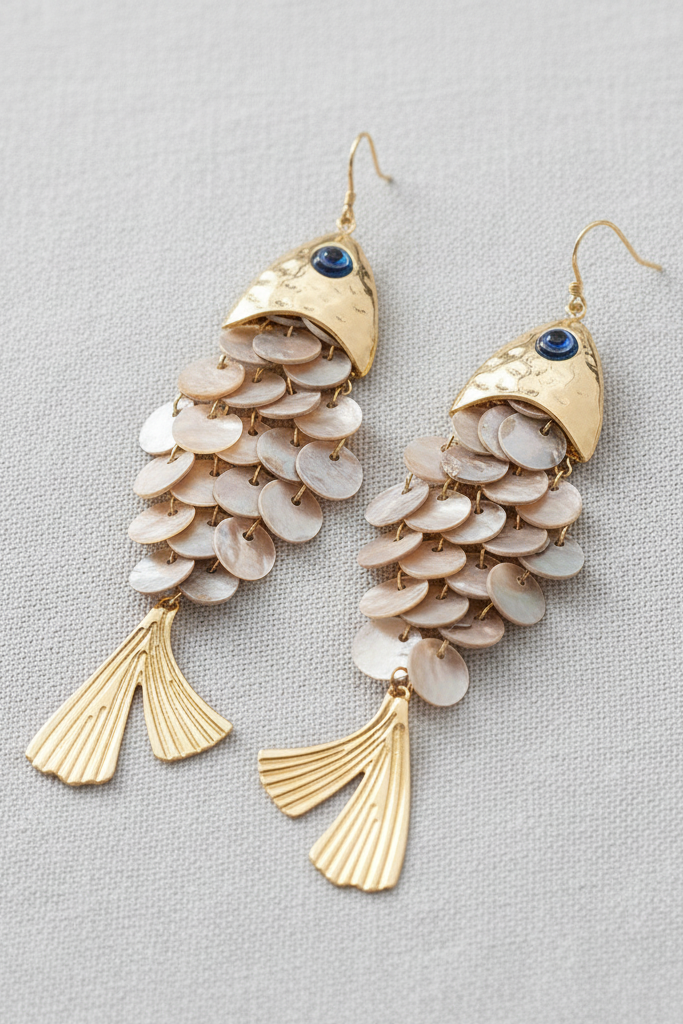 Gold and shell fish-shaped earrings on a light gray background