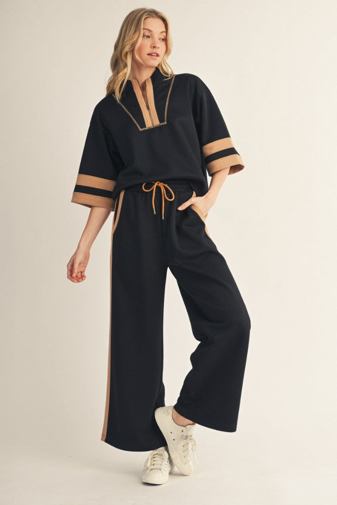 Enjoy Bliss Contrast Wide Leg Sweatpants - Black
