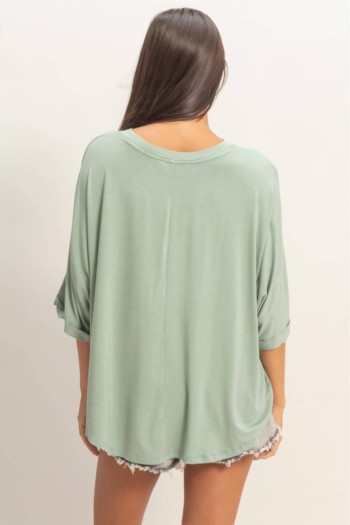 Cannot Contain Batwing Sleeve Top - Sage Green