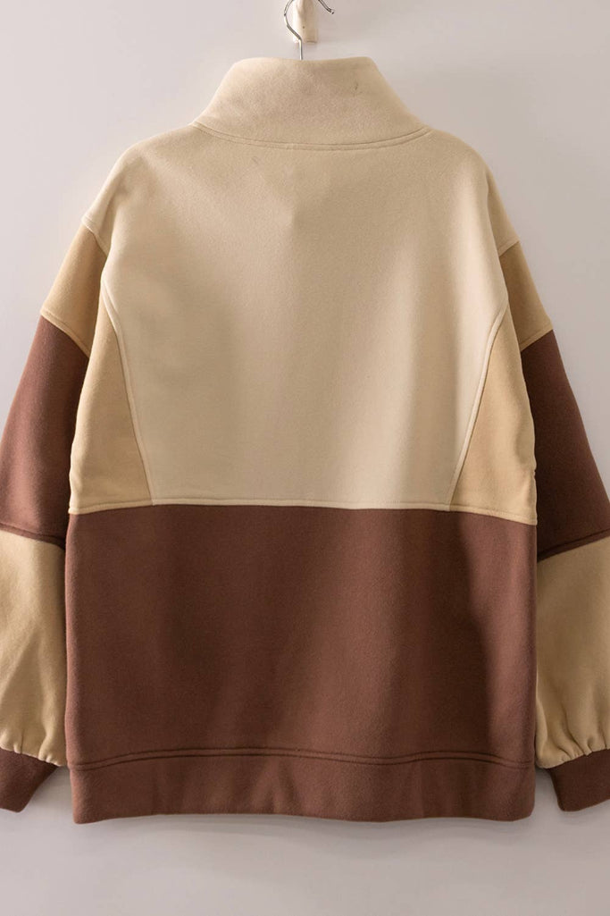 Better Bet Half Snap Sweatshirt - Beige/Brown
