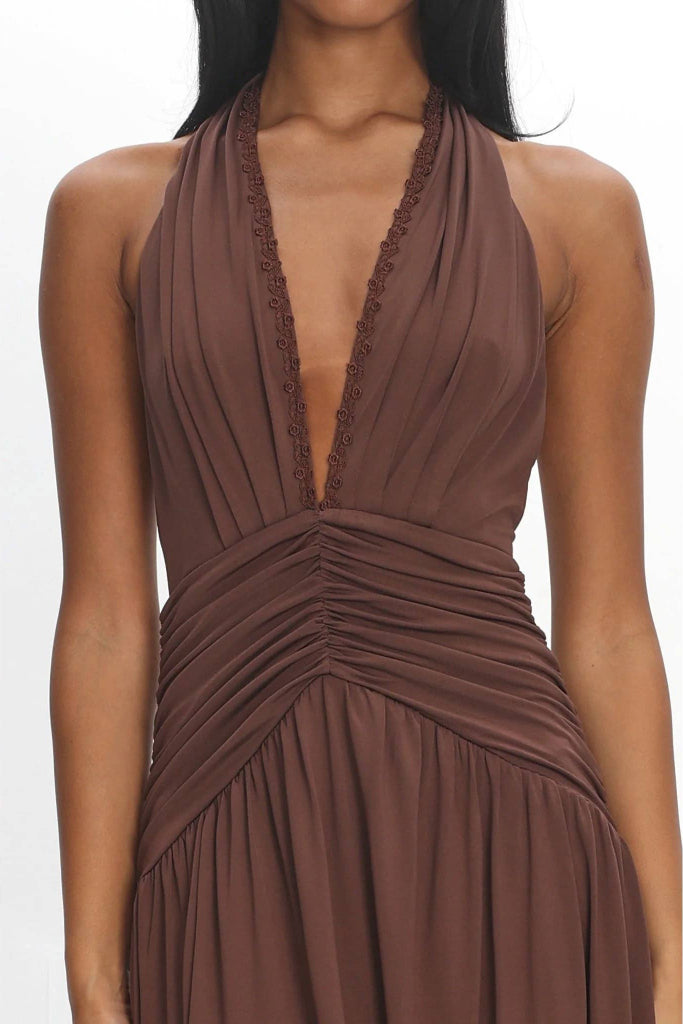 Young Love Plunge Halter Maxi Dress - Brown