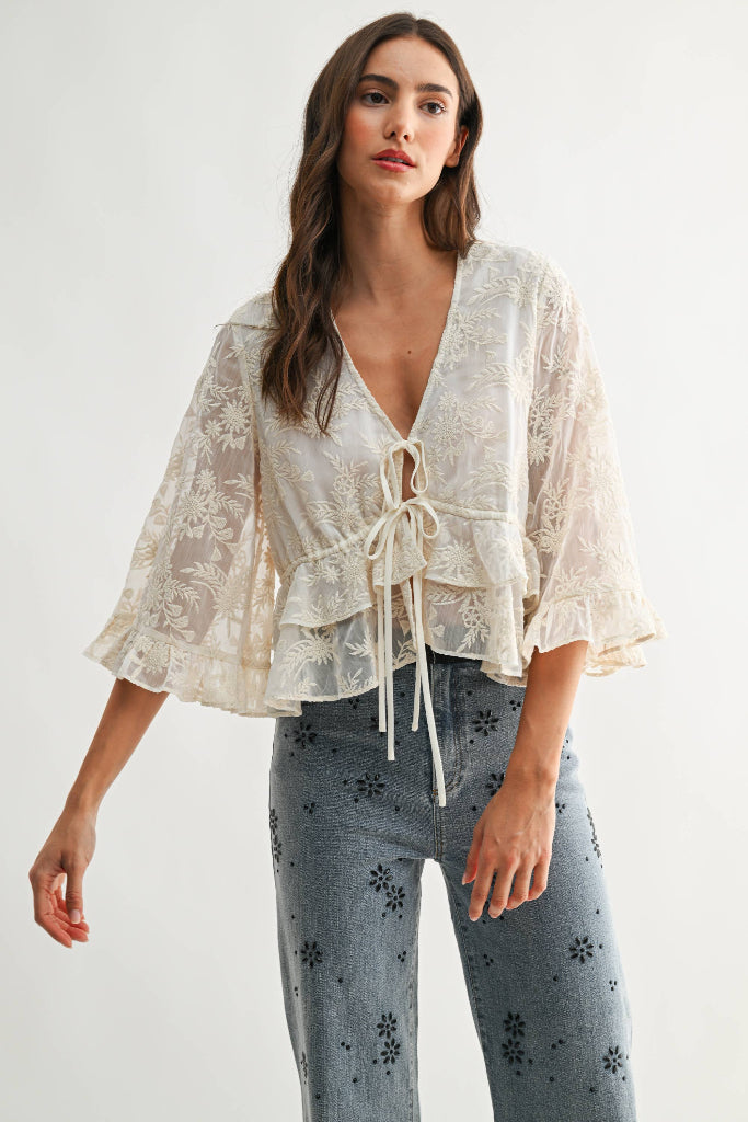 Christy Embroidered Sheer Blouse - Cream