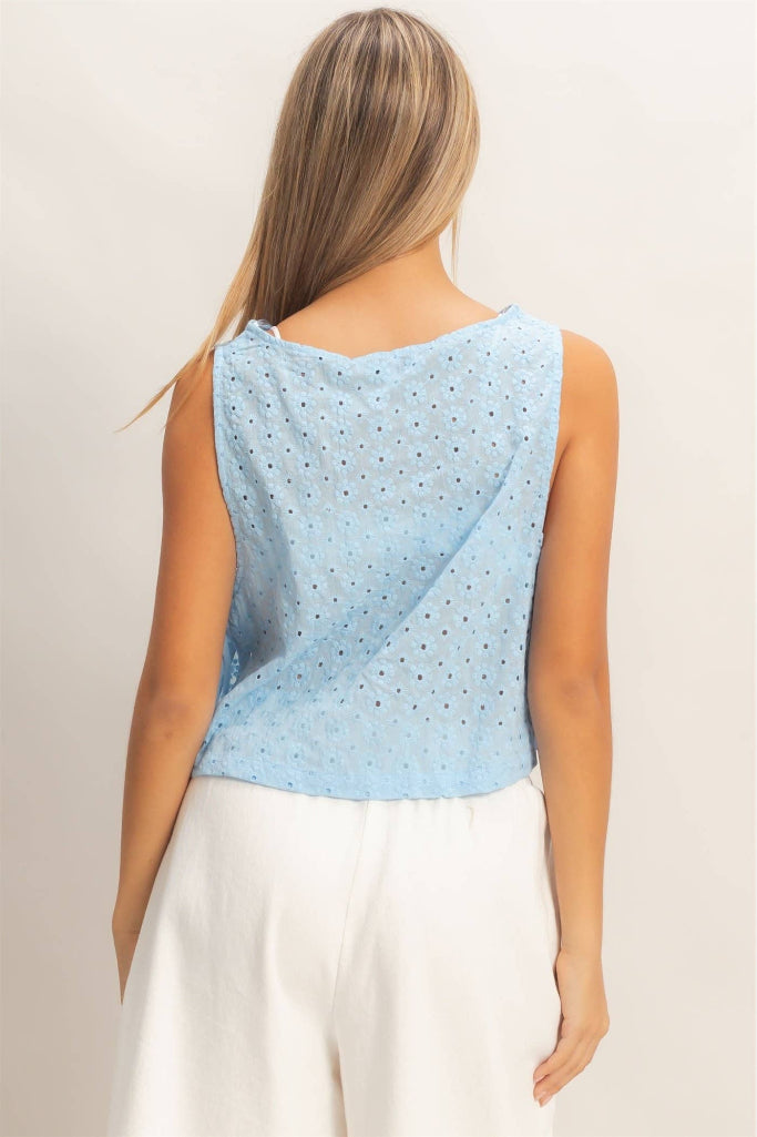 Caught Up Eyelet Top- Light Blue
