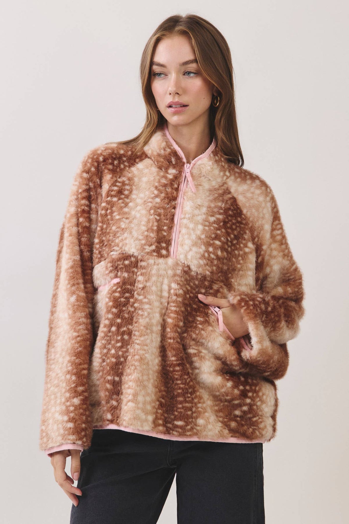No Bounds Deer Print Half-Zip Jacket - Brown