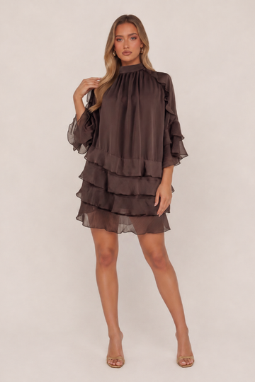 One I Chose Ruffle Chiffon Dress - Brown