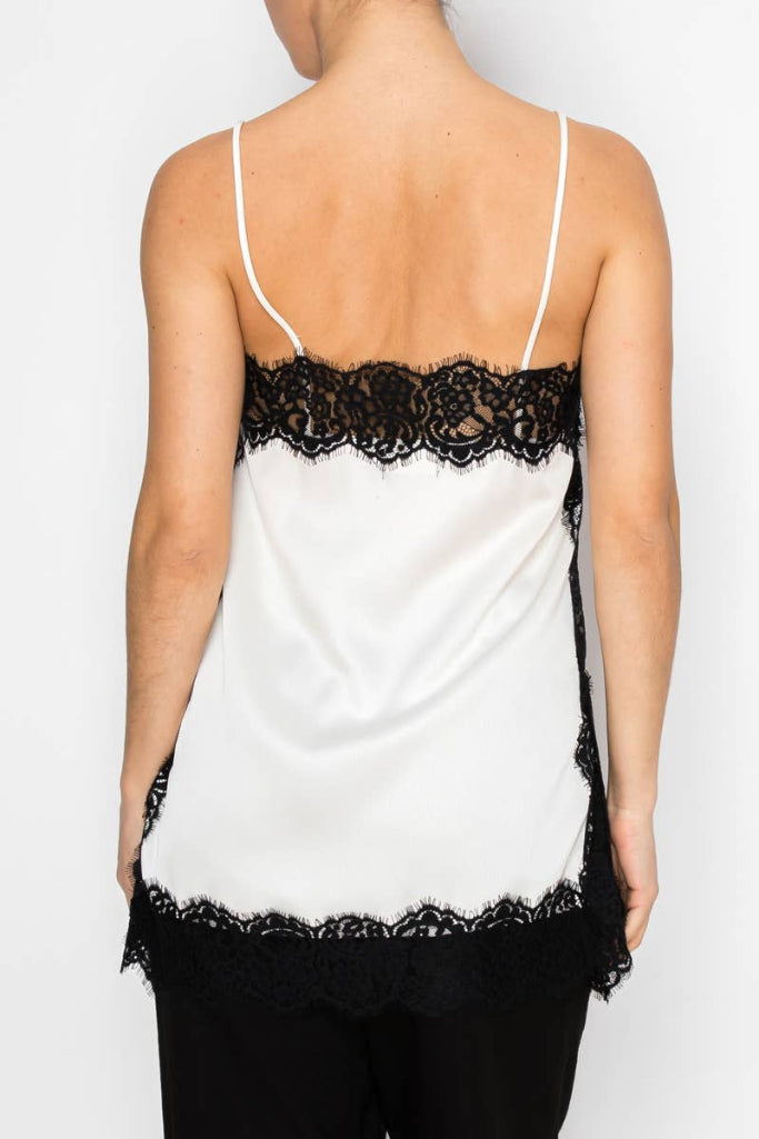 Good Trouble Lace Trim Tank - Off White/Black