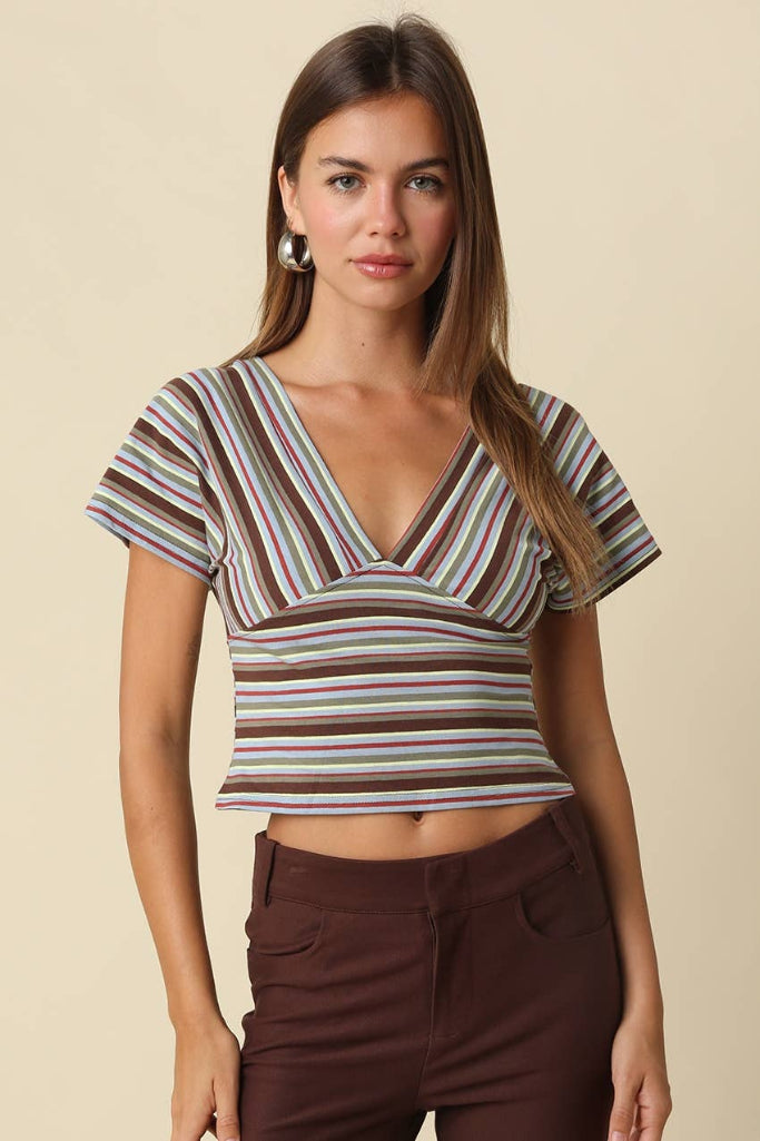 Done Deal Striped Crop Top - Blue/Brown