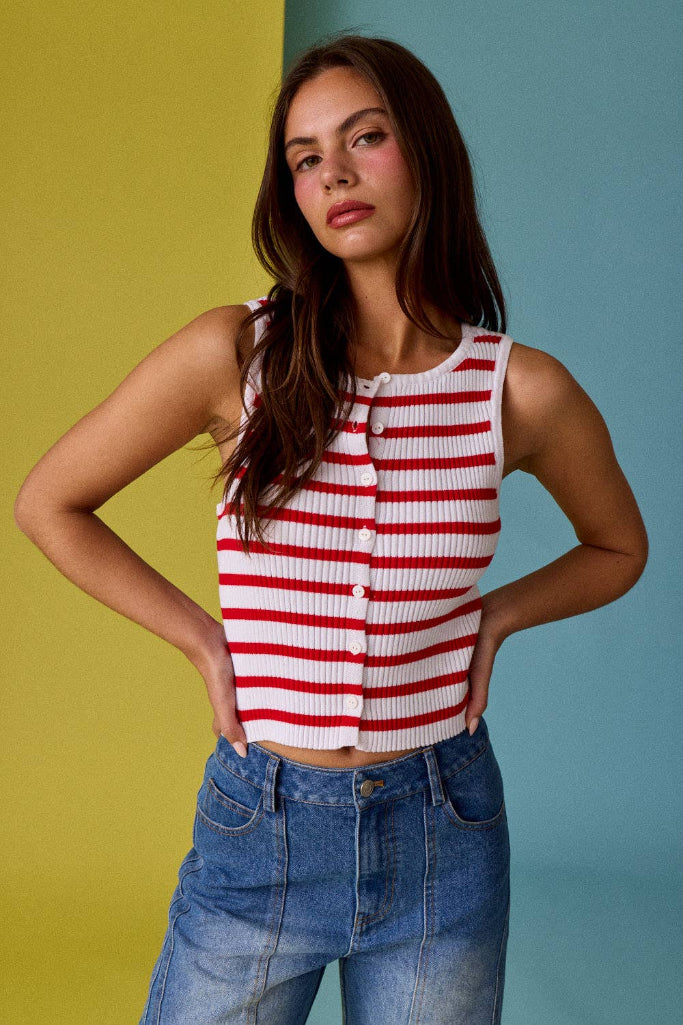 Freedome Stripe Button Tank - Red/White
