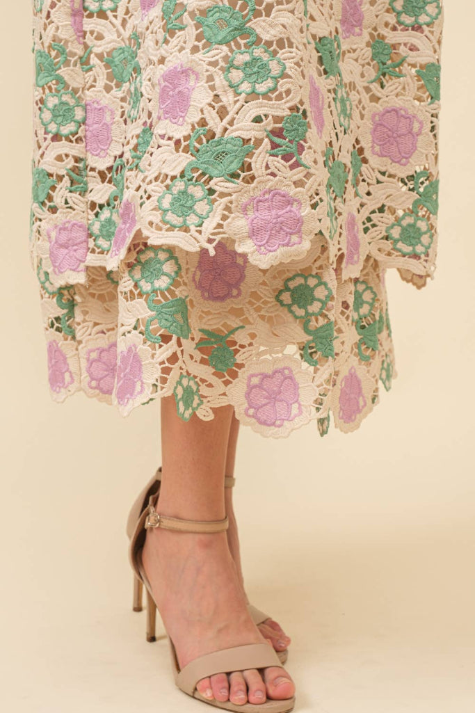 Lace Meadow Midi Dress - Pastel Floral