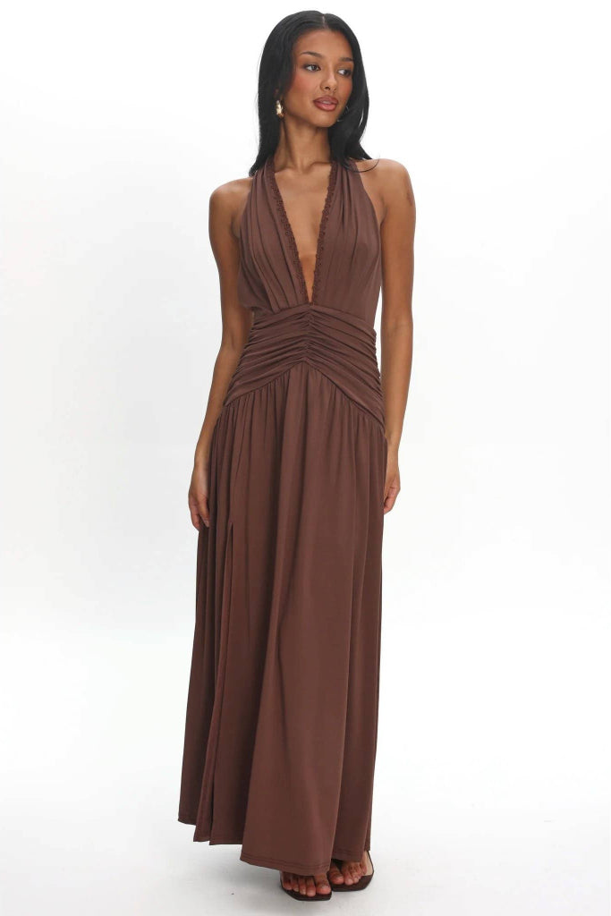 Young Love Plunge Halter Maxi Dress - Brown