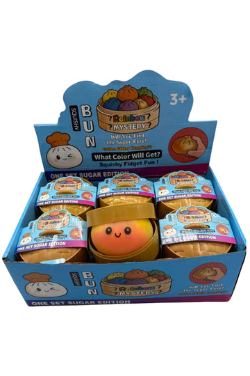 Display of bun-shaped fidget toys with colorful packaging on a white background