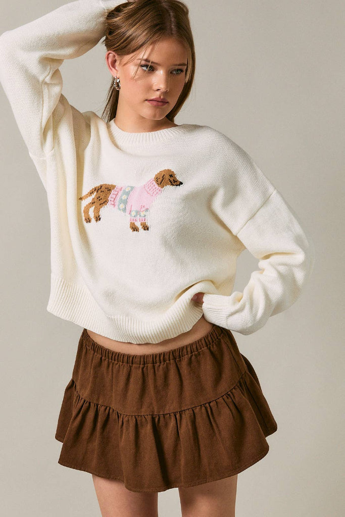 LE LIS - LONG SLEEVE CREW NECK DOG WITH SWEATER GRAPHIC SWEATER