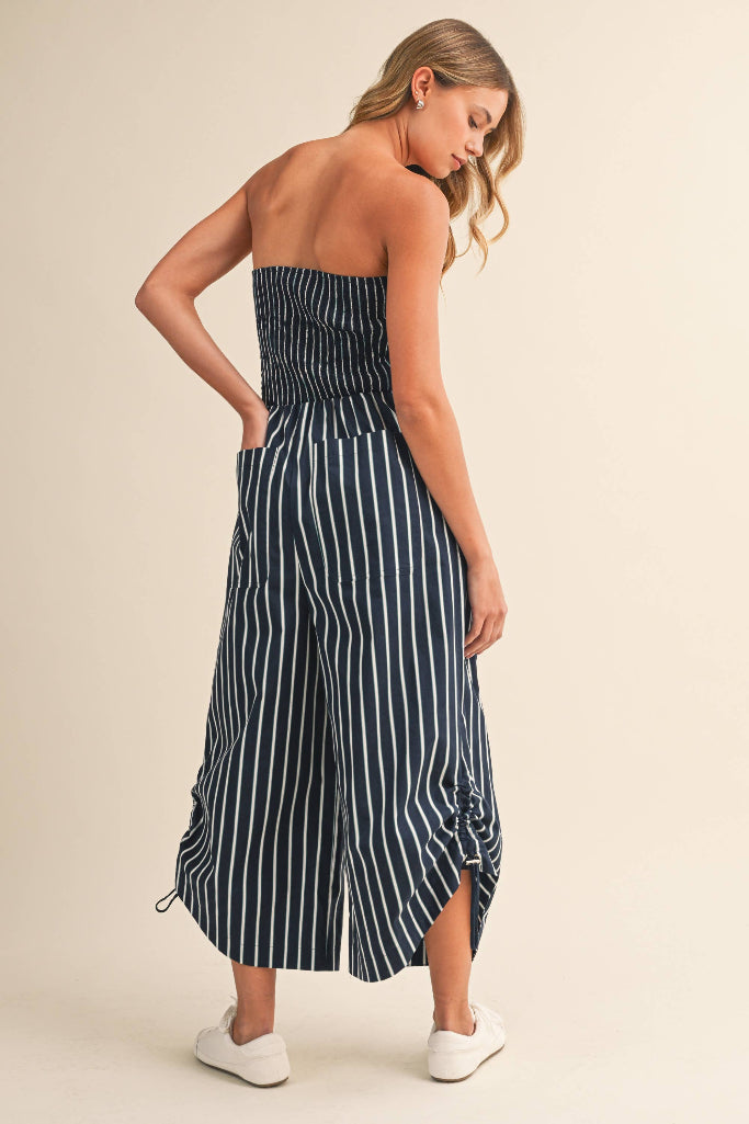 Overtime Striped Wide leg Jumpsuit - Navy