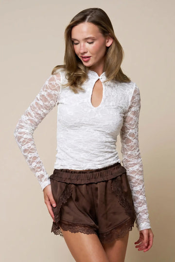 Side Kick Long Sleeve Lace Top - White