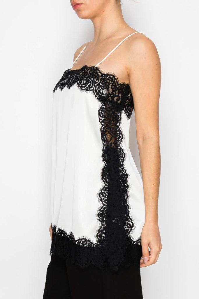 Good Trouble Lace Trim Tank - Off White/Black