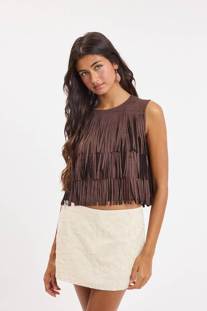 Better Bet Fringe Crop Top - Brown