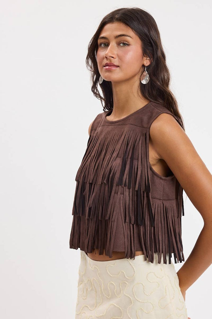 Better Bet Fringe Crop Top - Brown