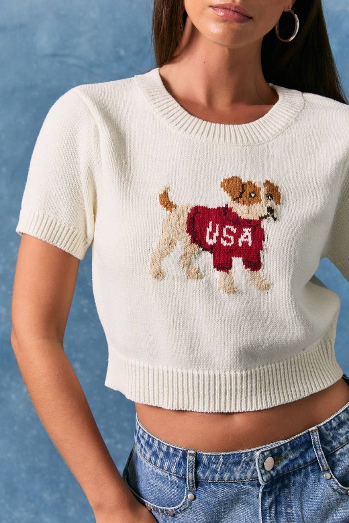 Patriotic Pup Sweater Top - Off White