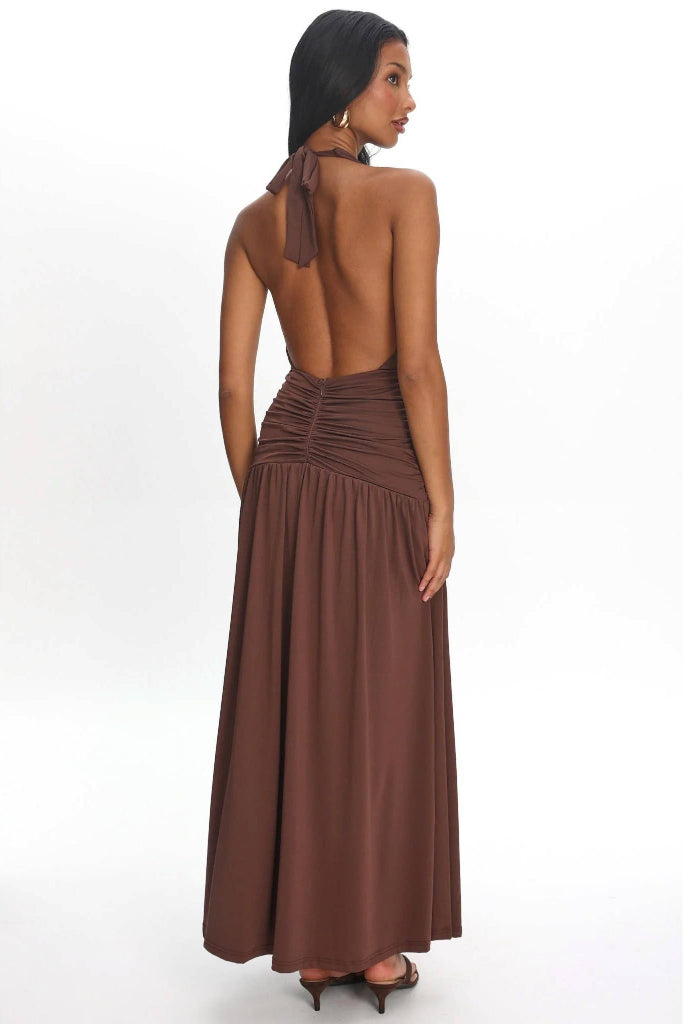 Young Love Plunge Halter Maxi Dress - Brown