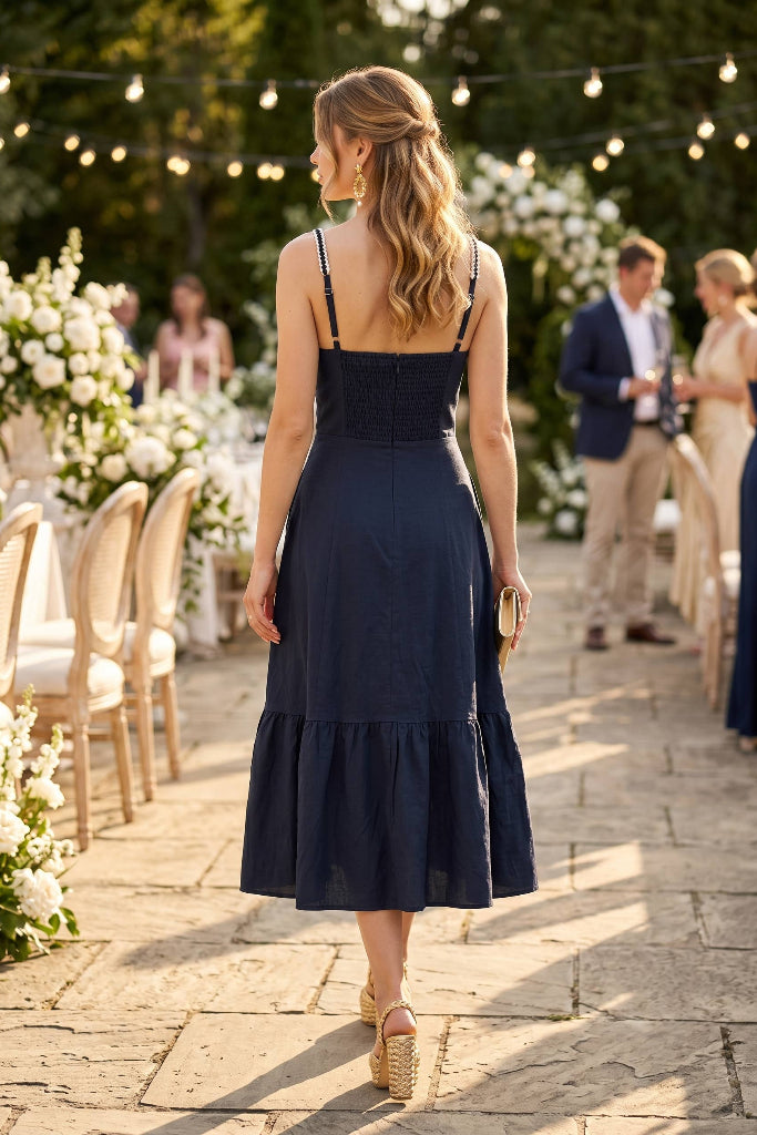 Woman in a navy dress walking outdoors with floral decorations and people in the background