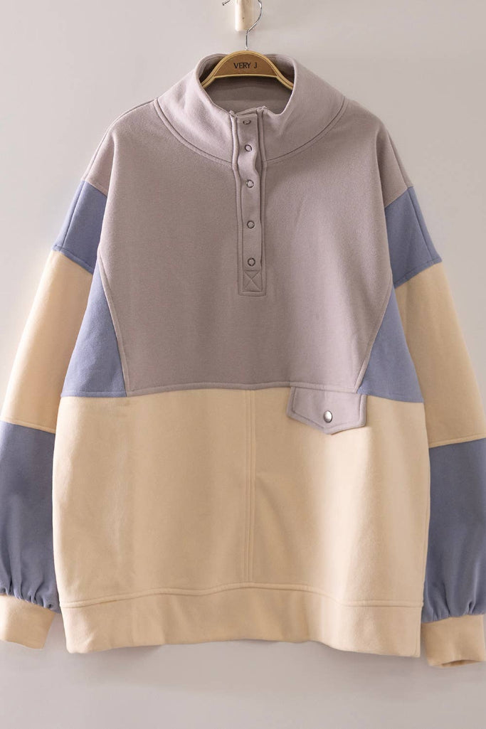 Better Bet Half Snap Sweatshirt - Beige/Lilac