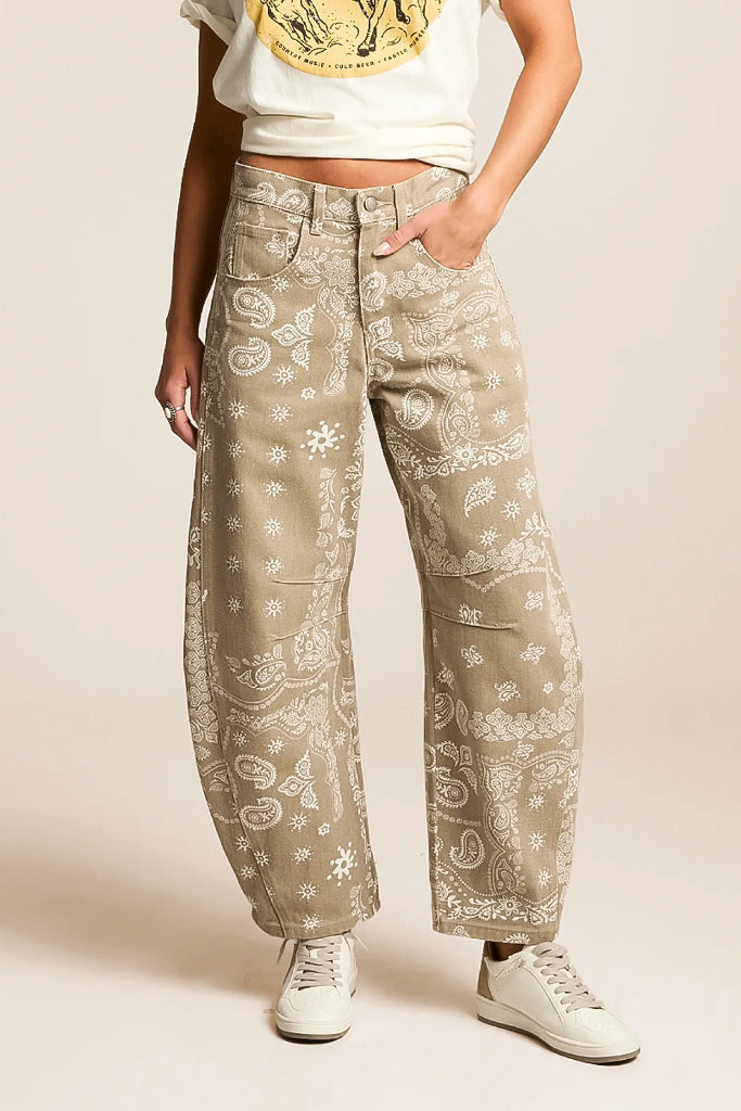 Hot Style Paisley Barrel Jeans - Tan
