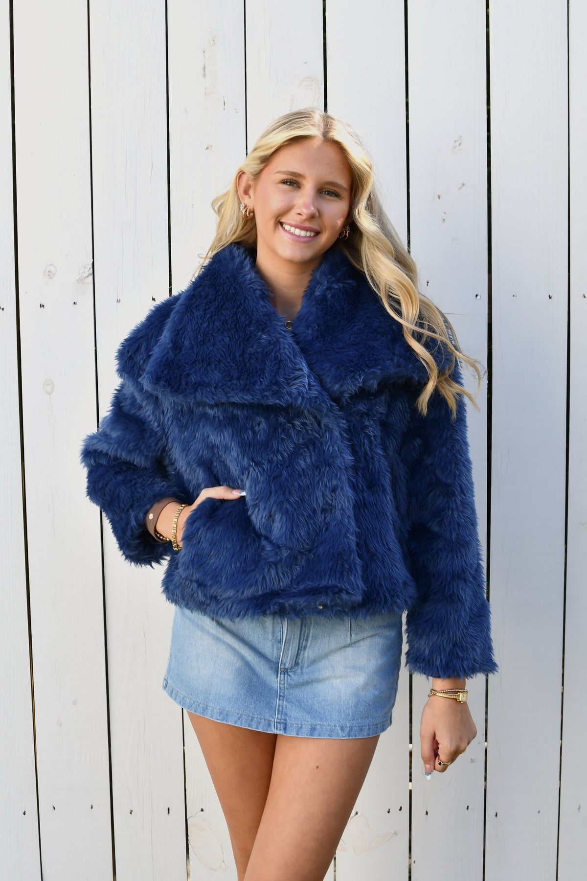 Calm Energy Faux Fur Jacket - Navy