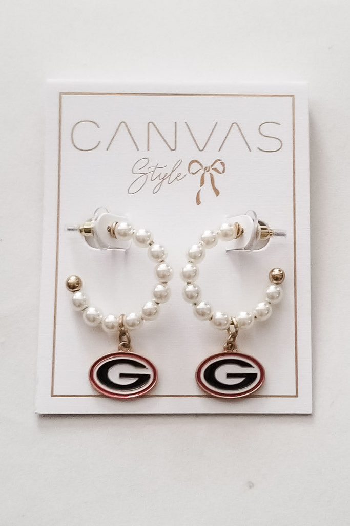 GA Bulldogs Pearl Hoop Enamel Drop Earrings- Black/Red