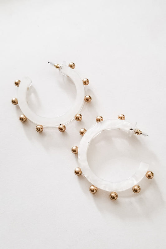Kelley Studded Metal &amp; Resin Hoop Earrings- White