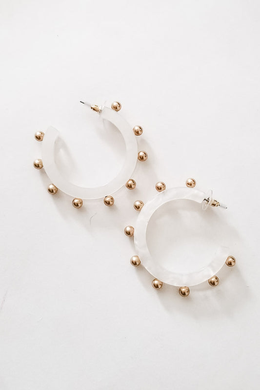 Kelley Studded Metal &amp; Resin Hoop Earrings- White