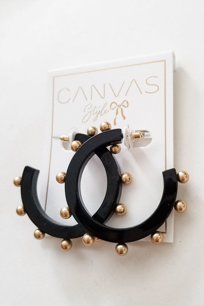 Kelley Studded Metal &amp; Resin Hoop Earrings- Black