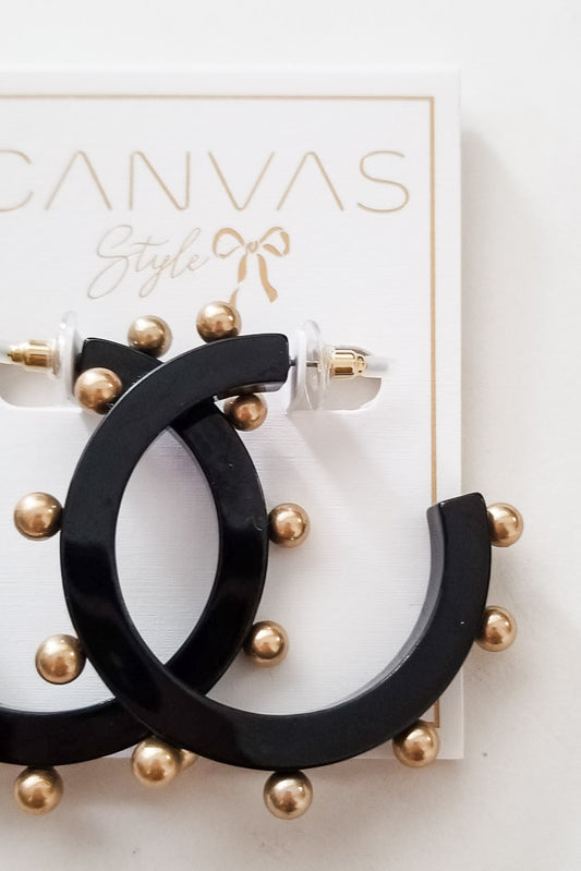 Kelley Studded Metal &amp; Resin Hoop Earrings- Black