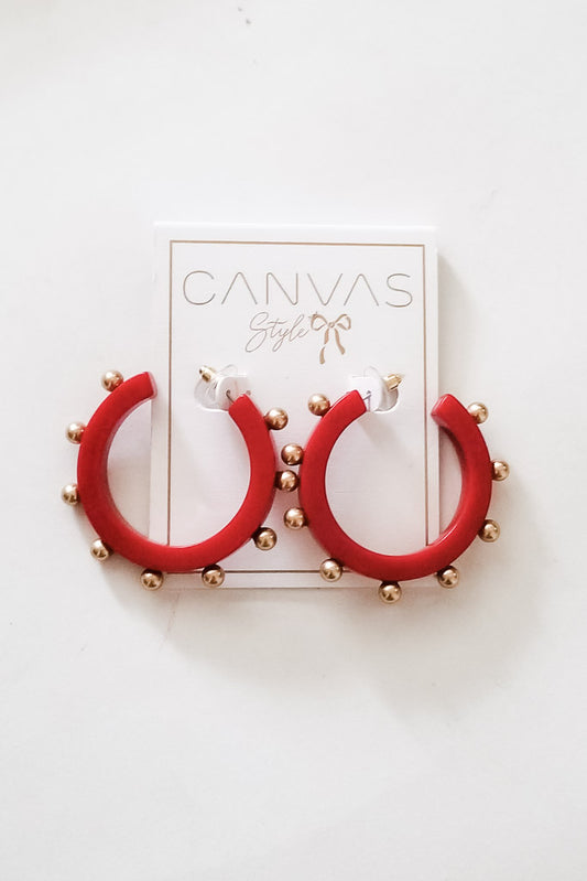 Kelley Studded Metal &amp; Resin Hoop Earrings- Red