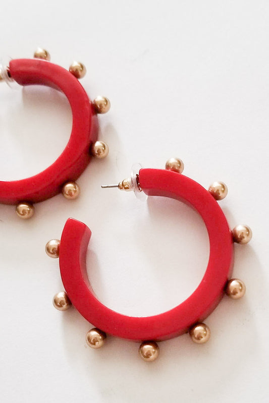 Kelley Studded Metal &amp; Resin Hoop Earrings- Red