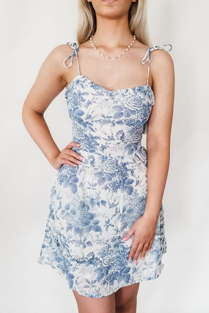 Shayla Floral Mini Dress- Blue/White