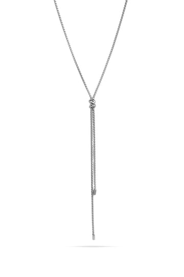 A silver-toned Y-necklace with a long, double-strand dangle pendant on a plain white background.
