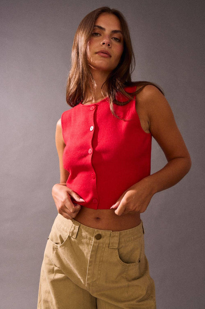 Worthwhile Sleeveless Button Up Top - Red