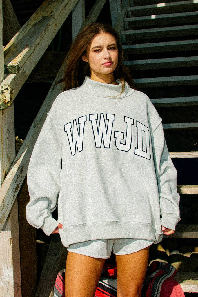WWJD Embroidered Mock Neck Sweatshirt - Grey
