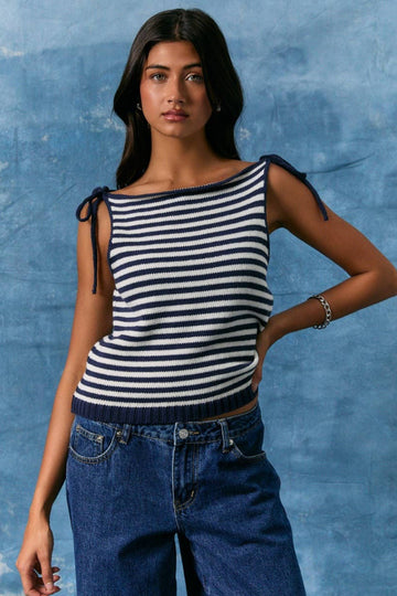 LE LIS - STRIPE KNIT SWEATER TOP WITH SHOULDER TIE