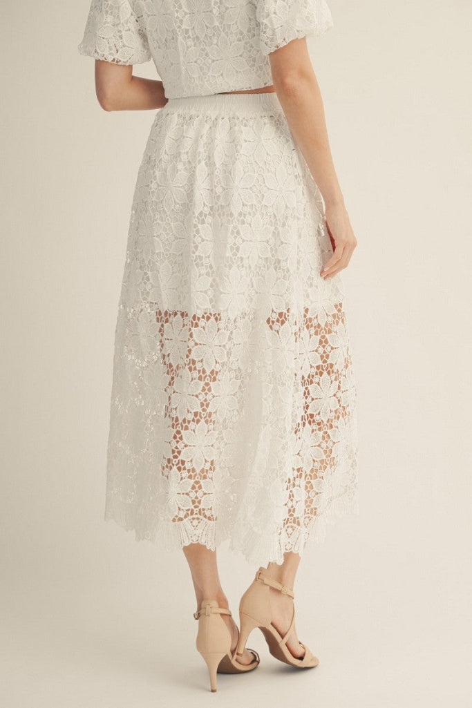 Talk Pretty Floral Lace Midi Skirt - Off White