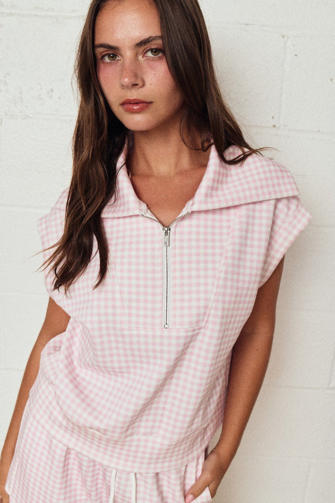 Lindy Gingham Quarter Zip & Short Set - Light Pink