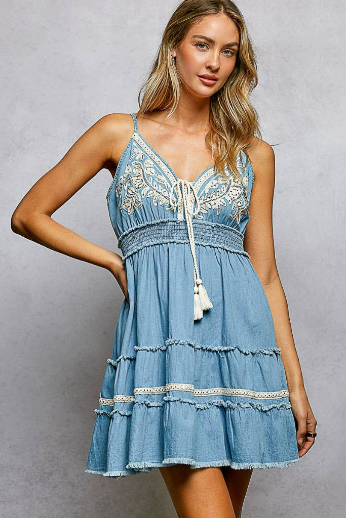 Wild Stitch Embroidered Ruffle Dress - Denim