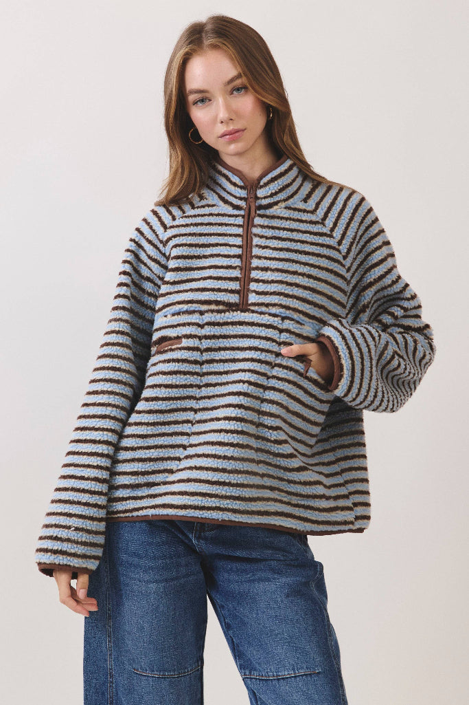 Offbeat Striped Sherpa Jacket - Blue/Brown