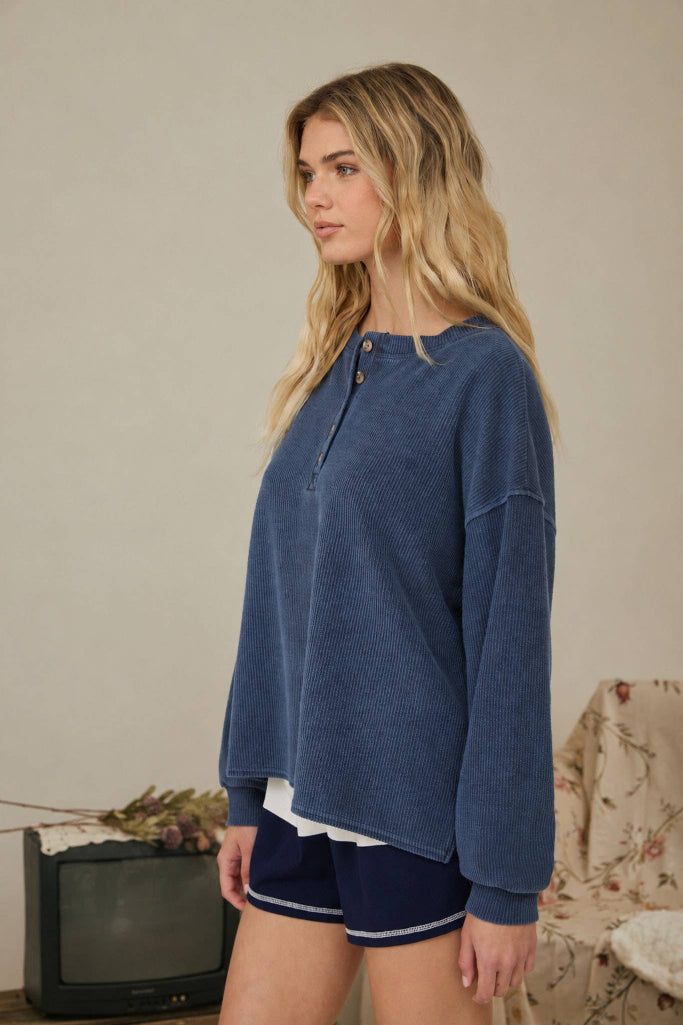 My Routine Ribbed Henley Top - Navy
