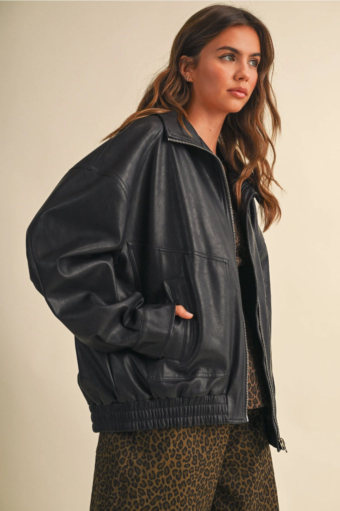 No Filter Oversized Fuax Leather Jacket - Black